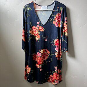 French Grey Navy Blue Floral Dress